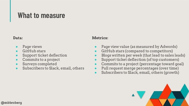 What to measure
@mbbroberg
Metrics:
● Page view value (as measured by Adwords)
● GitHub stars (compared to competitors)
● Blogs written per week (that lead to sales leads)
● Support ticket deflection (of top customers)
● Commits to a project (percentage toward goal)
● Pull request merge percentages (over time)
● Subscribers to Slack, email, others (growth)
Data:
● Page views
● GitHub stars
● Support ticket deflection
● Commits to a project
● Surveys completed
● Subscribers to Slack, email, others
