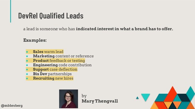 DevRel Qualiﬁed Leads
a lead is someone who has indicated interest in what a brand has to offer.
Examples:
● Sales warm lead
● Marketing content or reference
● Product feedback or testing
● Engineering code contribution
● Support case deflection
● Biz Dev partnerships
● Recruiting new hires
by
Mary Thengvall
@mbbroberg
