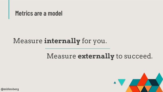 Metrics are a model
Measure internally for you.
Measure externally to succeed.
@mbbroberg
