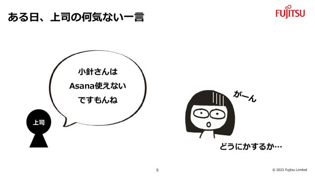 © 2023 Fujitsu Limited
ある日、上司の何気ない一言
小針さんは
Asana使えない
ですもんね
上司
どうにかするか…
5
