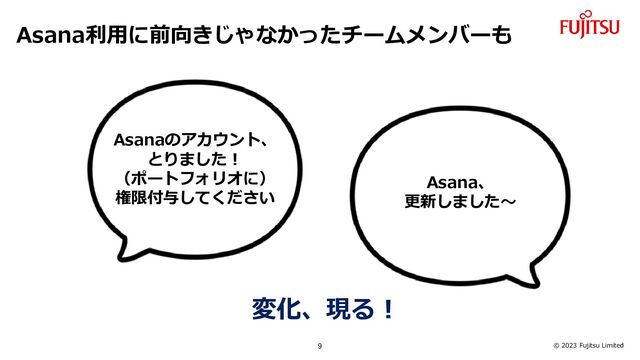 © 2023 Fujitsu Limited
Asana利用に前向きじゃなかったチームメンバーも
Asanaのアカウント、
とりました！
（ポートフォリオに）
権限付与してください
Asana、
更新しました～
変化、現る！
9
