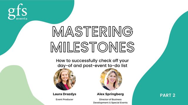 MASTERING
MILESTONES
How to successfully check off your
day-of and post-event to-do list
PART 2
Laura Drazdys
Event Producer
Alex Springberg
Director of Business
Development & Special Events
