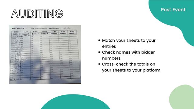 AUDITING Post Event
Match your sheets to your
entries
Check names with bidder
numbers
Cross-check the totals on
your sheets to your platform
