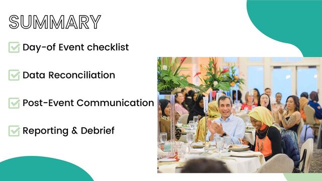 SUMMARY
Day-of Event checklist
Data Reconciliation
Post-Event Communication
Reporting & Debrief
