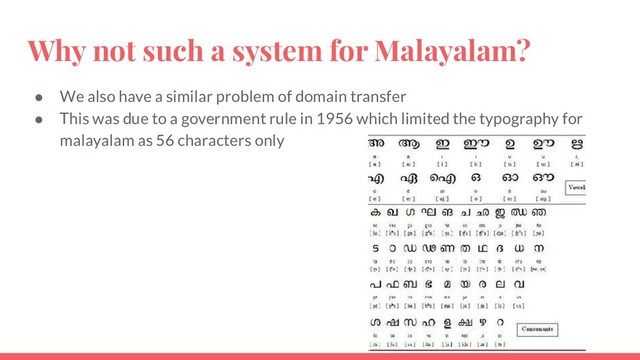Why not such a system for Malayalam?
● We also have a similar problem of domain transfer
● This was due to a government rule in 1956 which limited the typography for
malayalam as 56 characters only
