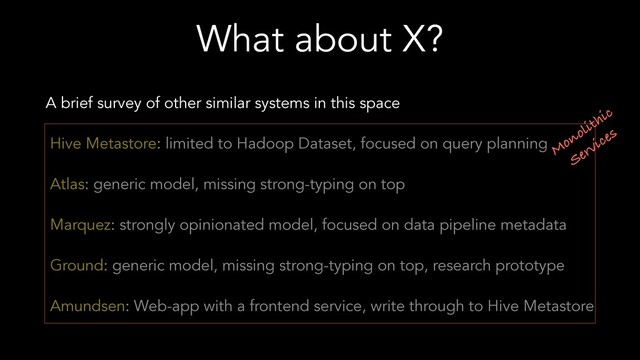 What about X?
A brief survey of other similar systems in this space
Hive Metastore: limited to Hadoop Dataset, focused on query planning
Atlas: generic model, missing strong-typing on top
Marquez: strongly opinionated model, focused on data pipeline metadata
Ground: generic model, missing strong-typing on top, research prototype
Amundsen: Web-app with a frontend service, write through to Hive Metastore
M
onolithic
Services
