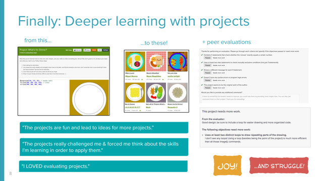 Finally: Deeper learning with projects
8
+ peer evaluations
from this… …to these!
JOY!
"The projects are fun and lead to ideas for more projects.”
"I LOVED evaluating projects."
"The projects really challenged me & forced me think about the skills
I'm learning in order to apply them."
…and struggle!
