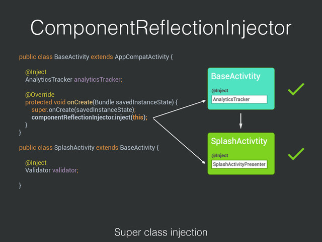 ComponentReﬂectionInjector
public class BaseActivity extends AppCompatActivity { 
 
@Inject 
AnalyticsTracker analyticsTracker; 
 
@Override 
protected void onCreate(Bundle savedInstanceState) { 
super.onCreate(savedInstanceState); 
componentReflectionInjector.inject(this); 
} 
} 
 
public class SplashActivity extends BaseActivity { 
 
@Inject 
Validator validator; 
 
}
Super class injection
