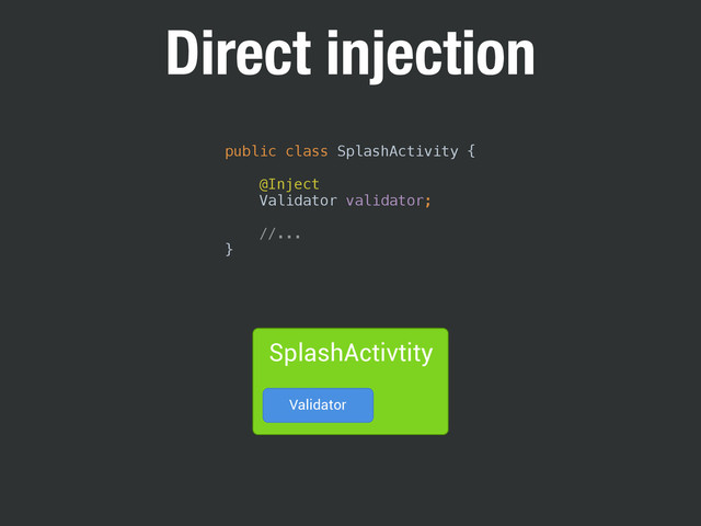 Direct injection
public class SplashActivity { 
 
@Inject 
Validator validator; 
 
//... 
}
SplashActivtity
Validator
