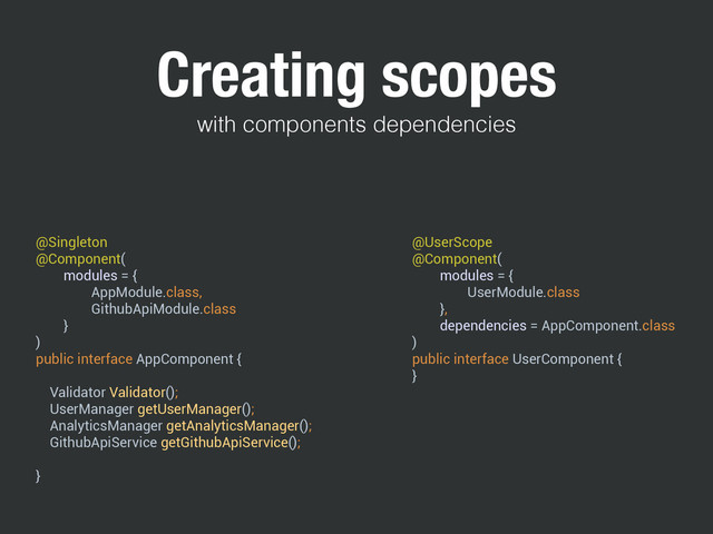 Creating scopes
with components dependencies
@Singleton 
@Component( 
modules = { 
AppModule.class, 
GithubApiModule.class 
} 
) 
public interface AppComponent { 
Validator Validator(); 
UserManager getUserManager(); 
AnalyticsManager getAnalyticsManager(); 
GithubApiService getGithubApiService(); 
}
@UserScope 
@Component( 
modules = { 
UserModule.class 
}, 
dependencies = AppComponent.class 
) 
public interface UserComponent { 
}
