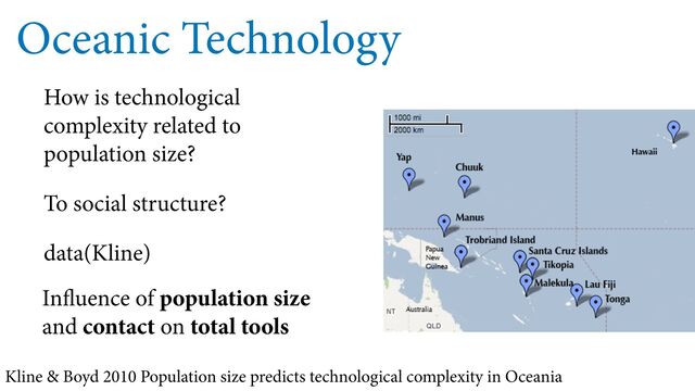 Oceanic Technology
How is technological
complexity related to
population size?
To social structure?
data(Kline)
In uence of population size
and contact on total tools
Kline & Boyd 2010 Population size predicts technological complexity in Oceania
