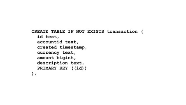 CREATE TABLE IF NOT EXISTS transaction (
id text,
accountid text,
created timestamp,
currency text,
amount bigint,
description text,
PRIMARY KEY ((id))
);
