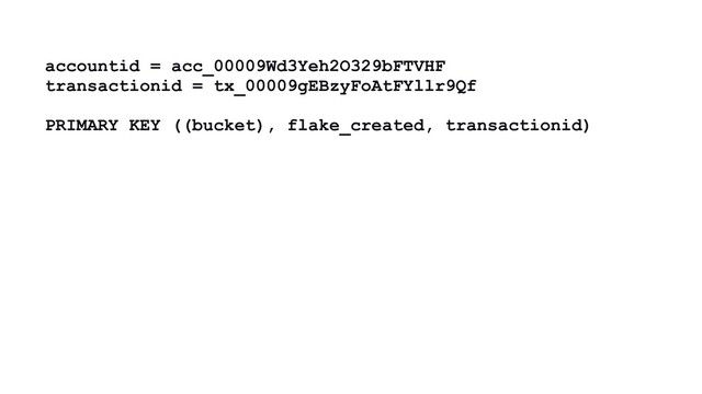 accountid = acc_00009Wd3Yeh2O329bFTVHF
transactionid = tx_00009gEBzyFoAtFYllr9Qf
PRIMARY KEY ((bucket), flake_created, transactionid)
