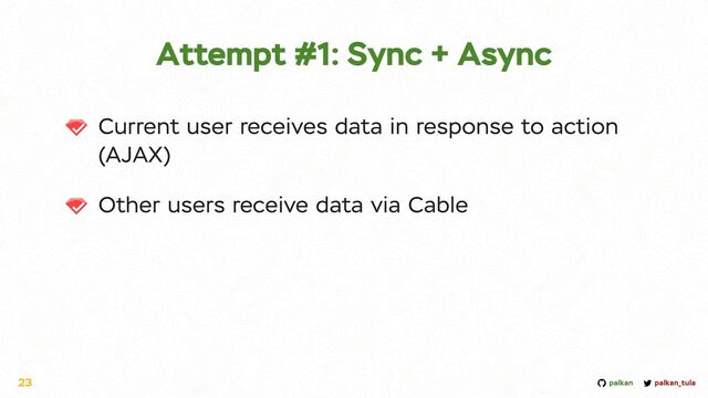 palkan_tula
palkan
Attempt #1: Sync + Async
Current user receives data in response to action
(AJAX)


Other users receive data via Cable
23
