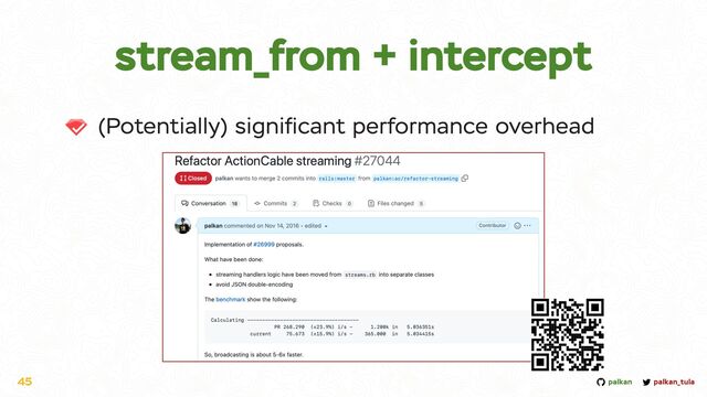 palkan_tula
palkan
stream_from + intercept
(Potentially) signi
fi
cant performance overhead
45
