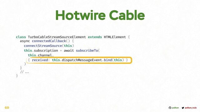 palkan_tula
palkan
Hotwire Cable
69
class TurboCableStreamSourceElement extends HTMLElement {


async connectedCallback() {


connectStreamSource(this)


this.subscription = await subscribeTo(


this.channel,


{ received: this.dispatchMessageEvent.bind(this) }


)


}


/ /...

}
