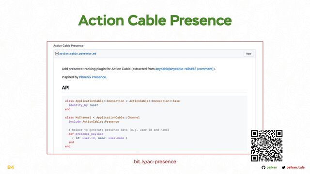 palkan_tula
palkan
84
Action Cable Presence
bit.ly/ac-presence
