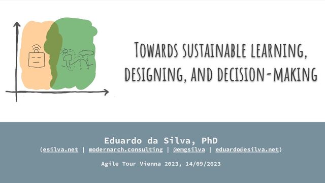 Towards sustainable learning,
designing, and decision-making
Eduardo da Silva, PhD
(esilva.net | modernarch.consulting | @emgsilva | eduardo@esilva.net)
Agile Tour Vienna 2023, 14/09/2023
