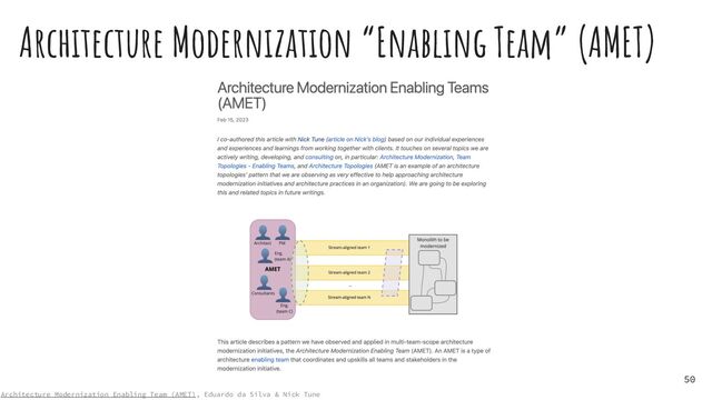 Architecture Modernization “Enabling Team” (AMET)
50
Architecture Modernization Enabling Team (AMET), Eduardo da Silva & Nick Tune
