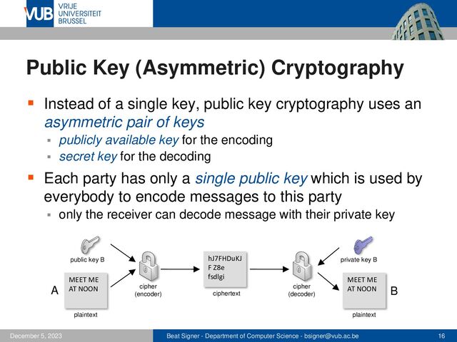 Beat Signer - Department of Computer Science - bsigner@vub.ac.be 16
December 5, 2023
Public Key (Asymmetric) Cryptography
▪ Instead of a single key, public key cryptography uses an
asymmetric pair of keys
▪ publicly available key for the encoding
▪ secret key for the decoding
▪ Each party has only a single public key which is used by
everybody to encode messages to this party
▪ only the receiver can decode message with their private key
MEET ME
AT NOON
hJ7FHDuKJ
F Z8e
fsdlgi MEET ME
AT NOON
cipher
(encoder)
cipher
(decoder)
ciphertext
public key B private key B
plaintext plaintext
A B
