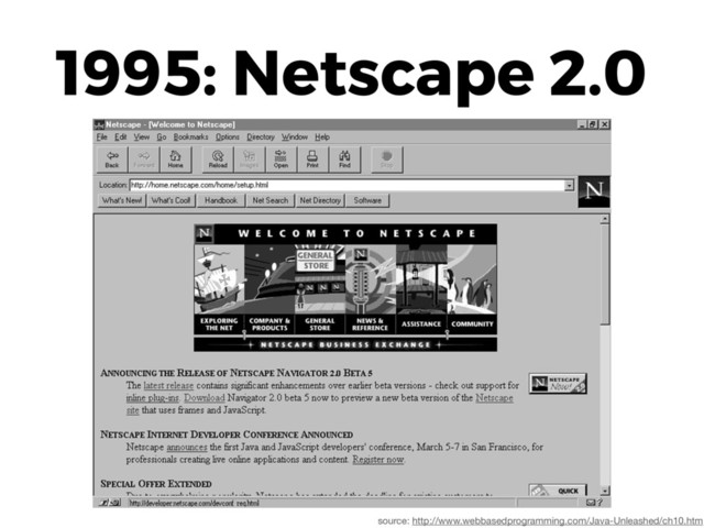 1995: Netscape 2.0
source: http://www.webbasedprogramming.com/Java-Unleashed/ch10.htm
