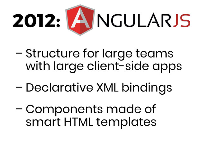 – Structure for large teams
with large client-side apps
– Declarative XML bindings
– Components made of
smart HTML templates
2012:
