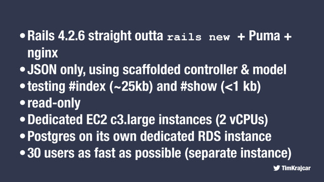 TimKrajcar
•Rails 4.2.6 straight outta rails new + Puma +
nginx
•JSON only, using scaffolded controller & model
•testing #index (~25kb) and #show (<1 kb)
•read-only
•Dedicated EC2 c3.large instances (2 vCPUs)
•Postgres on its own dedicated RDS instance
•30 users as fast as possible (separate instance)
