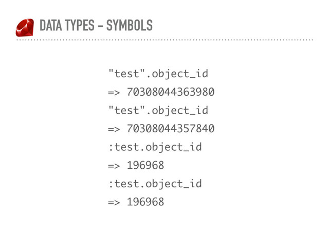 DATA TYPES - SYMBOLS
"test".object_id
=> 70308044363980
"test".object_id
=> 70308044357840
:test.object_id
=> 196968
:test.object_id
=> 196968
