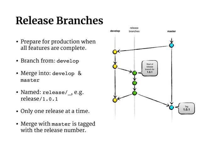 Release Branches
• Prepare for production when
all features are complete.
• Branch from: develop
• Merge into: develop &
master
• Named: release/_, e.g.
release/1.0.1
• Only one release at a time.
• Merge with master is tagged
with the release number.
