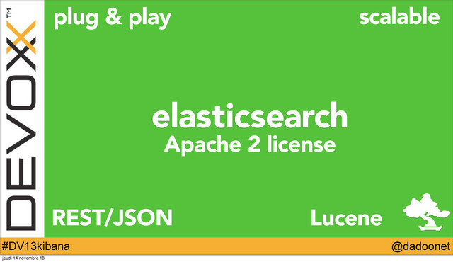 @dadoonet
#DV13kibana
plug & play
REST/JSON
scalable
Apache 2 license
Lucene
elasticsearch
jeudi 14 novembre 13
