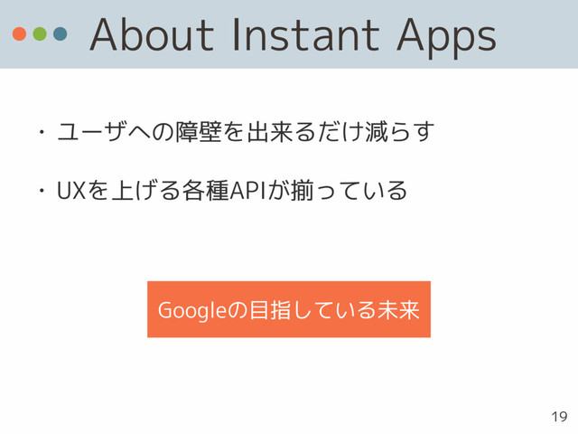 About Instant Apps
• ユーザへの障壁を出来るだけ減らす
• UXを上げる各種APIが揃っている
Googleの目指している未来
19
