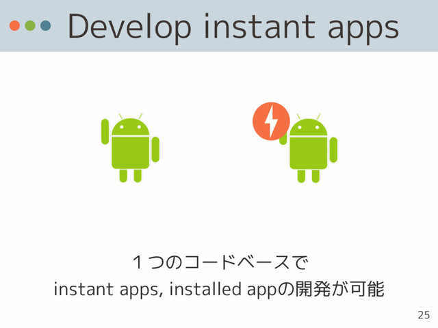 Develop instant apps
１つのコードベースで 
instant apps, installed appの開発が可能
25
