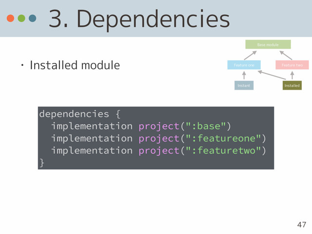 3. Dependencies
• Installed module
dependencies {
implementation project(":base")
implementation project(":featureone")
implementation project(":featuretwo")
}
Base module
Feature one Feature two
Instant Installed
47
