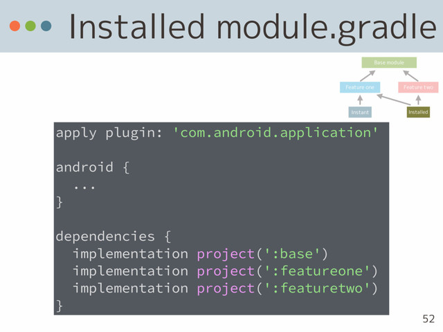 Installed module.gradle
apply plugin: 'com.android.application'
android {
...
}
dependencies {
implementation project(':base')
implementation project(':featureone')
implementation project(':featuretwo')
}
52
Base module
Feature one Feature two
Instant Installed
