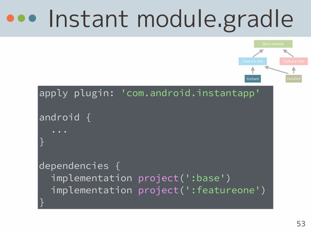 Instant module.gradle
apply plugin: 'com.android.instantapp'
android {
...
}
dependencies {
implementation project(':base')
implementation project(':featureone')
}
53
Base module
Feature one Feature two
Instant Installed
