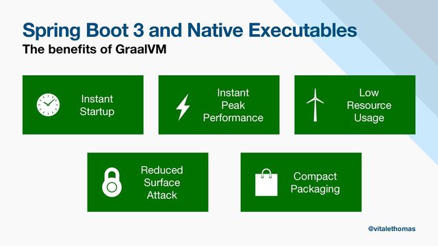 Spring Boot 3 and Native Executables
The bene
fi
ts of GraalVM
Instant

Startup
Low

Resource

Usage
Instant

Peak

Performance
@vitalethomas
Reduced

Surface

Attack
Compact

Packaging
