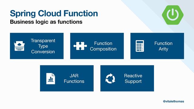 Spring Cloud Function
Business logic as functions
Transparent

Type

Conversion
Function

Arity
Function

Composition
Reactive

Support
JAR

Functions
@vitalethomas
