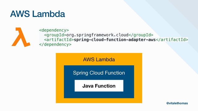 @vitalethomas
AWS Lambda
Spring Cloud Function
Java Function
AWS Lambda



org.springframework.cloud


spring-cloud-function-adapter-aws



