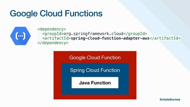 @vitalethomas
Google Cloud Function
Spring Cloud Function
Java Function
Google Cloud Functions



org.springframework.cloud


spring-cloud-function-adapter-aws



