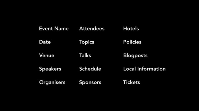 Event Name
Date
Venue
Speakers
Organisers
Attendees
Topics
Talks
Schedule
Sponsors
Hotels
Policies
Blogposts
Local Information
Tickets
