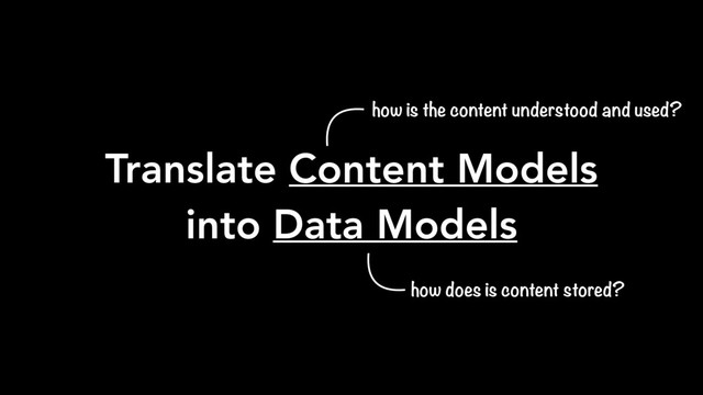 Translate Content Models
into Data Models
how is the content understood and used?
how does is content stored?

