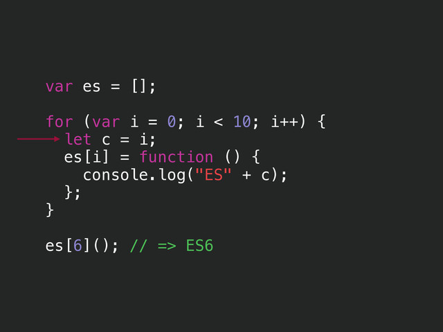 var es = [];
!
for (var i = 0; i < 10; i++) {
let c = i;
es[i] = function () {
console.log("ES" + c);
};
}
!
es[6](); // => ES6
