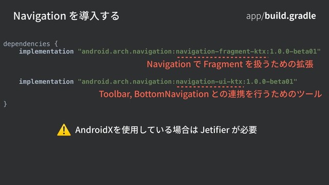 app/build.gradle
Navigation を導⼊する
dependencies {
implementation "android.arch.navigation:navigation-fragment-ktx:1.0.0-beta01"
implementation "android.arch.navigation:navigation-ui-ktx:1.0.0-beta01"
}
Toolbar, BottomNavigation との連携を⾏うためのツール
Navigation で Fragment を扱うための拡張
AndroidXを使⽤している場合は Jetiﬁer が必要
⚠
