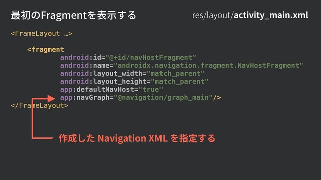res/layout/activity_main.xml



作成した Navigation XML を指定する
最初のFragmentを表⽰する
