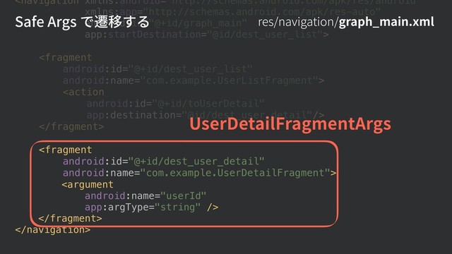 







res/navigation/graph_main.xml
Safe Args で遷移する
UserDetailFragmentArgs
