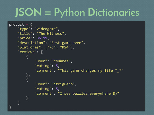 JSON = Python Dictionaries
product = {
"type": "videogame",
"title": "The Witness",
"price": 36.99,
"description": "Best game ever",
"platforms": ["PC", "PS4"],
"reviews": [
{
"user": "csuarez",
"rating": 5,
"comment": "This game changes my life *_*"
},
{
"user": "jtriguero",
"rating": 5,
"comment": "I see puzzles everywhere 8)"
}
]
}
