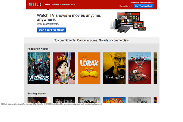 Netﬂix is a subscription service for movies and TV shows for $7.99USD/month (about the same converted price in each countries local currency).
