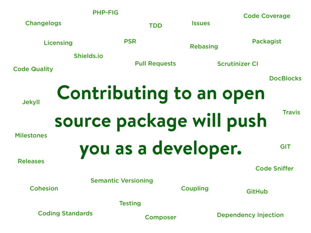 Contributing to an open
source package will push
you as a developer. GIT
GitHub
Issues
Pull Requests
Rebasing
Testing
TDD
Semantic Versioning
Code Coverage
Composer
Packagist
Coding Standards
PHP-FIG
PSR
DocBlocks
Travis
Scrutinizer CI
Changelogs
Licensing
Code Sniﬀer
Jekyll
Shields.io
Code Quality
Milestones
Releases
Dependency Injection
Coupling
Cohesion
