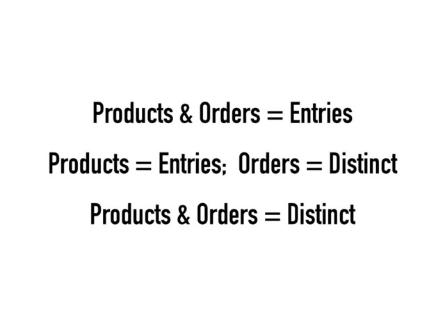 Products & Orders = Entries
Products = Entries; Orders = Distinct
Products & Orders = Distinct
