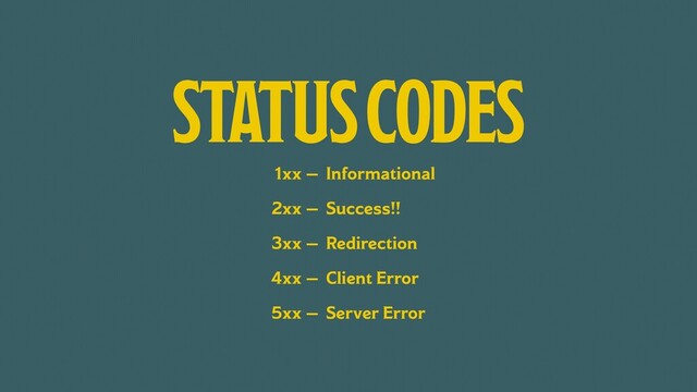 1xx —
2xx —
3xx —
4xx —
5xx —
STATUS CODES
Informational
Success!!
Redirection
Client Error
Server Error
